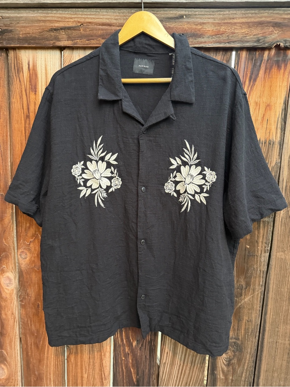 PacSun Black Floral Embroidered Oversized Resort Camp Shirt